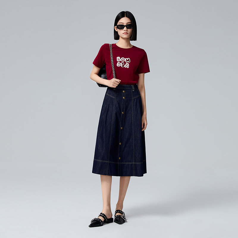 普普风商场同款女装复古优雅中长款半身裙线迹牛仔长伞裙女22522