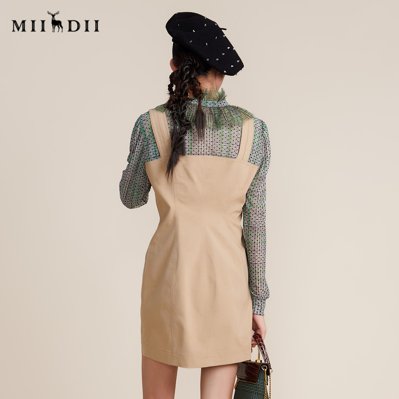 MIIDII谜底2022春秋季新款设计V领花边通勤OL收腰连衣裙221ML0168 - 图1