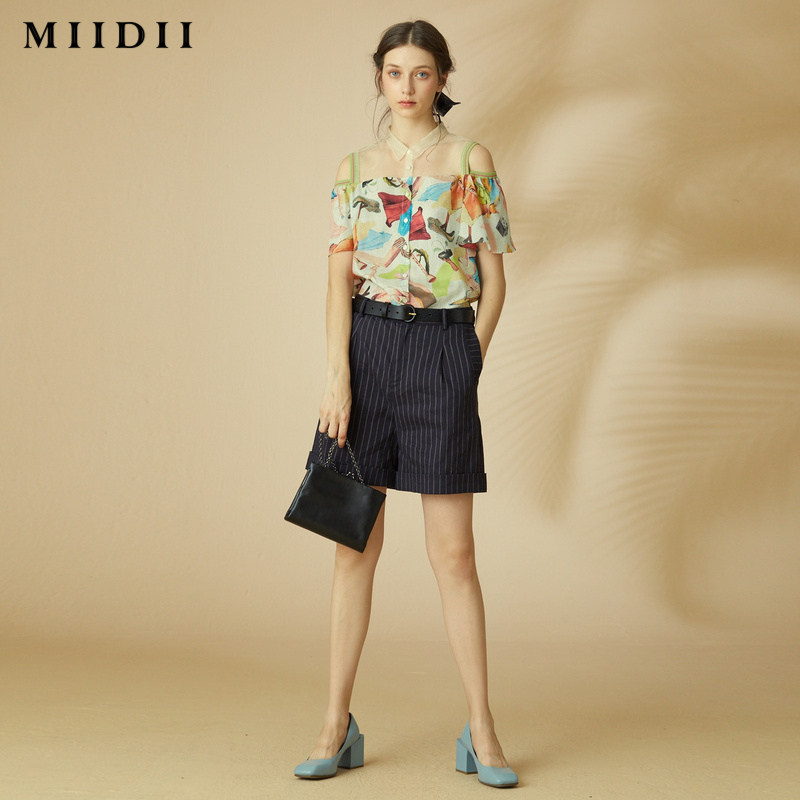 miidii /谜底20后幅贴绣花亚麻短裤 谜底休闲裤