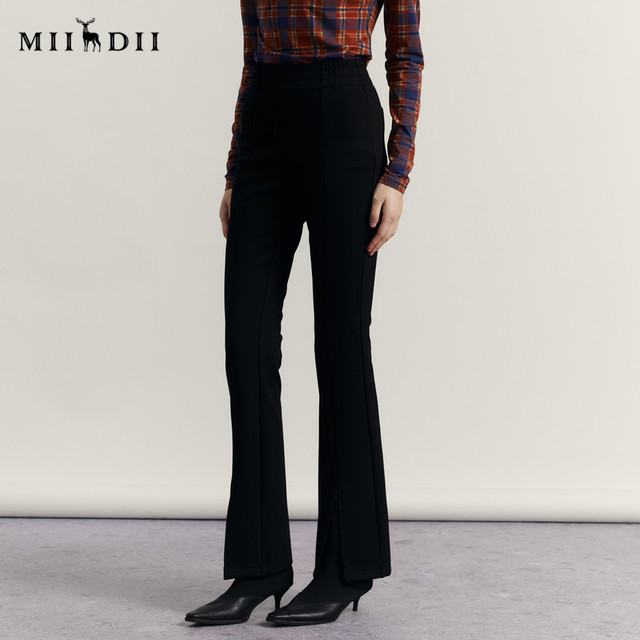 Mystery tight bell-bottom pants for women winter new slim-fit elastic front slit slightly flared trousers for women 234MK1601