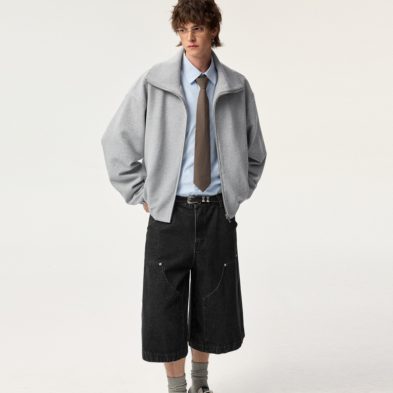 Lilbetter褶皱肌理感针织高领夹克2025秋冬男女同款复古宽松外套 - 图1