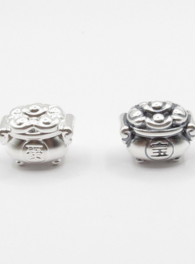 S999纯银项链首饰精品3D硬银做旧复古泰银招财元宝聚宝盆红绳配件