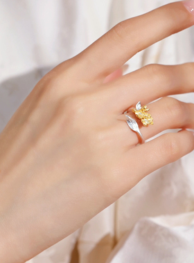 原创925银镀金桂花开口戒指