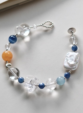 原创「归屿」天然双A白水晶蓝晶黄胶花清爽夏日手链手串女五行水