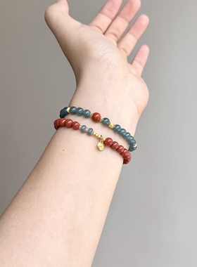 原创「所愿」天然柿子红南红蓝水翡翠国风显白优雅手链新中式手串