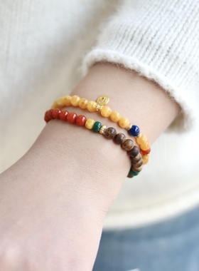 原创「澄意」天然鸡油黄蜜蜡文玩手串国风新中式手链手串女叠戴