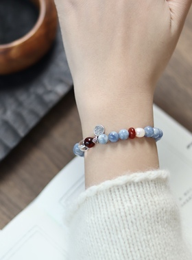 原创「澜石」天然蓝晶石南红福牌国风文玩串珠女手串手链五行补水