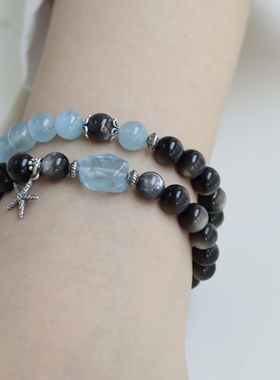 原创「月海间」天然海蓝宝曜石拉长石新中式手链手串女夏五行水