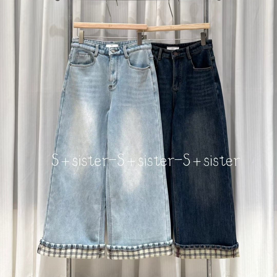 【肉思RS】S+sister2326加厚格子翻边直筒阔腿牛仔裤显瘦大码女装 - 图2