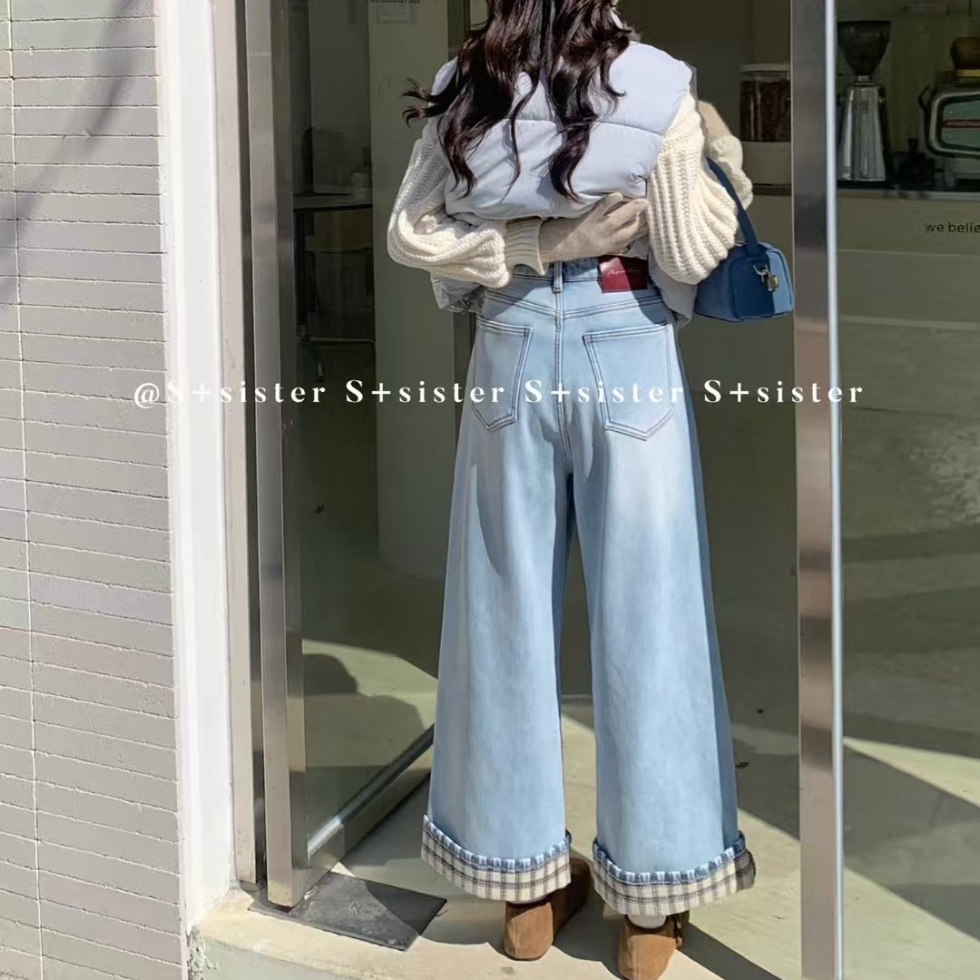 【肉思RS】S+sister2326加厚格子翻边直筒阔腿牛仔裤显瘦大码女装 - 图1