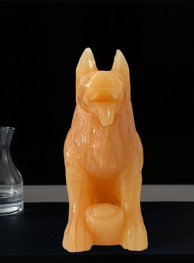 天然玉石米黄玉大狼狗摆件招财