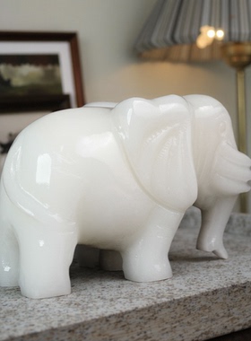 天然白玉六牙大象摆件风水招财