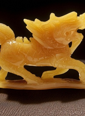 天然黄玉麒麟摆件一对风水