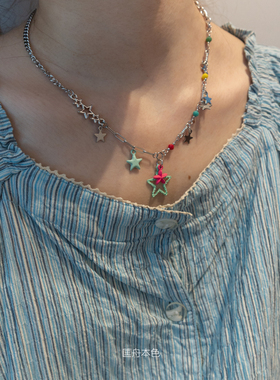 匡舟本色 韩国小众设计 多巴胺趣味 珐琅彩色五角星星芒星 项链