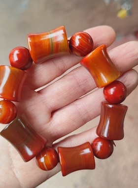 收藏老南红玛瑙手链战国红缠丝竹节圆珠古玉髓手串男女老物件出土