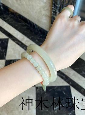 高端冰种青白玉手镯女款圆条细款和田玉晴水镯子精品珠宝玉石翡翠