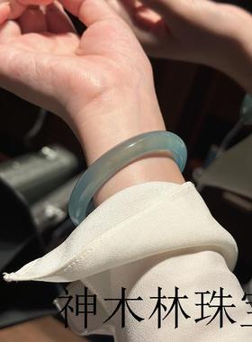 天然高冰种库里蓝玛瑙手镯转运冰透玉镯玉石玉髓翡翠女招财玉镯子