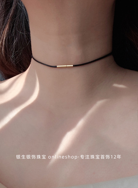 金色扣子可穿吊坠圆皮绳项链项圈