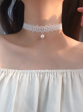 s925纯银蕾丝花边百搭珍珠颈链潮