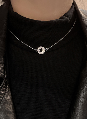 925纯银黑色圆牌项链女ins五角星