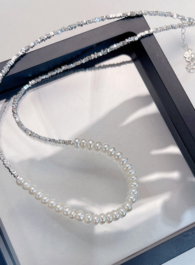 925纯银碎银子一串珍珠项链高级