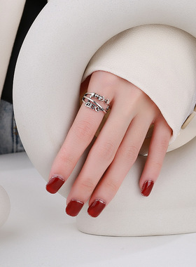 黑白轩S925银幸运时尚气质复古灵动lucky三环转运珠开口戒指女士