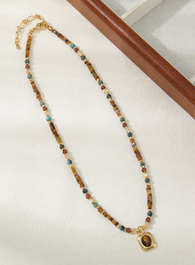 中古方糖虎眼石吊坠手工串珠非洲松项链原创复古毛衣链新款