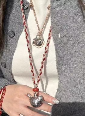 复古平安果吊坠手工编织长项链小众高级感百搭秋冬毛衣链新年配饰