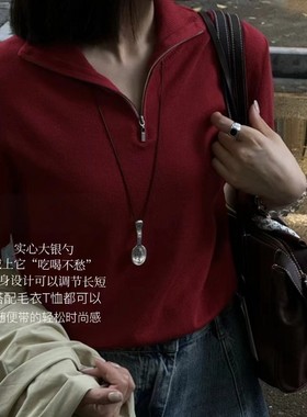 一勺清欢原创设计银勺子项链小众设计气质百搭轻奢黑绳可调节毛衣