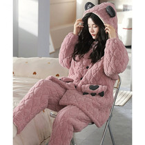 Lock warm Orange Sea triple laminated cotton pyjamas woman winter coral suede thickened two-piece suit