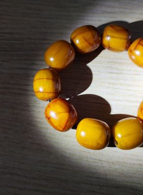 中东蜜蜡古董蜜蜡鹦鹉黄雪山冰裂纹大手串桶珠