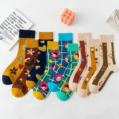 袜子女潮袜AB版精梳棉紧密赛络纺不对称高筒袜秋冬新款4双包邮 - 图0