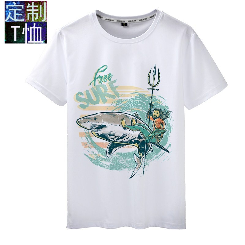 手绘卡通鲨鱼印花男学生短袖t恤潮牌青少年男体恤T-Shirt2021新款