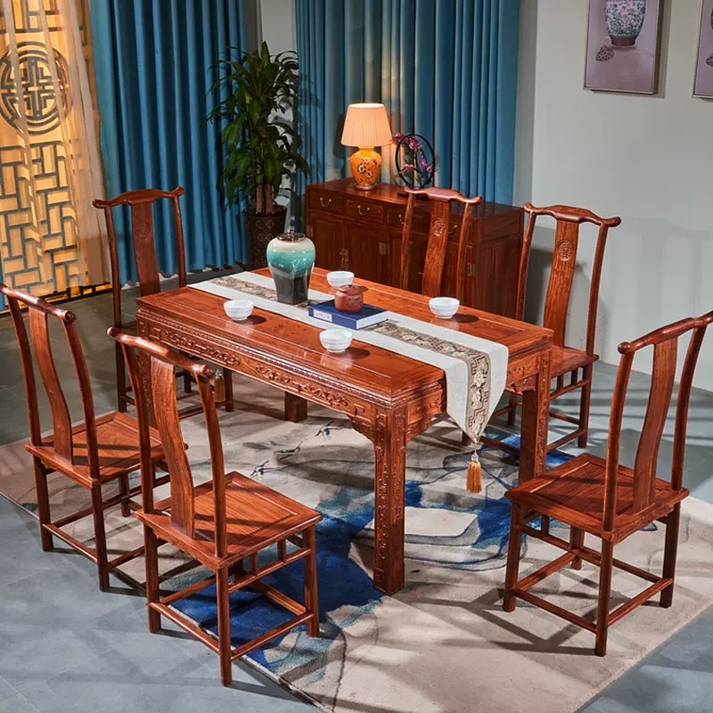 红木餐桌长方形花梨木刺猬紫檀家用实木饭桌中式家具简约如意餐台