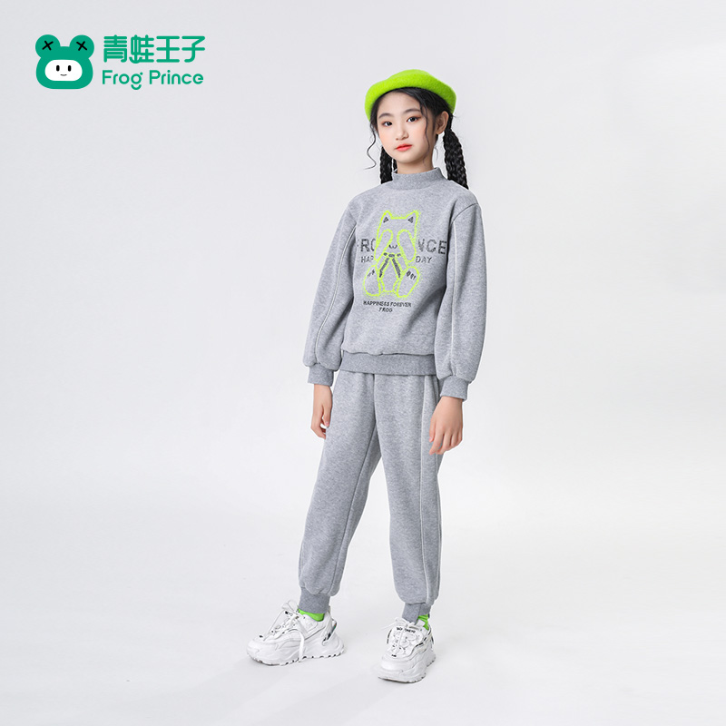 青蛙王子童装女童冬季加绒卫衣套装儿童冬装保暖上衣卫裤两件套 - 图0