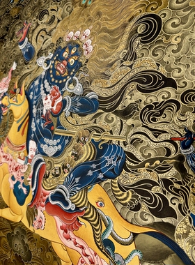 青海热贡画师矿彩手绘佛卡客厅书房装饰黑唐卡吉祥天母尺100×70