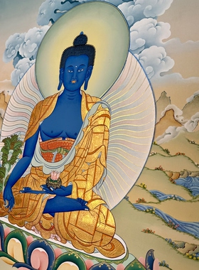 洛桑画师矿彩手绘佛卡意境观想唐卡客厅书房装饰画药师佛76×53
