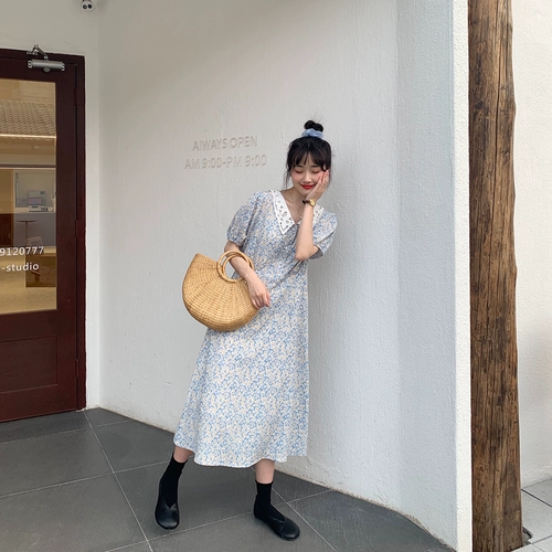 Милая кукла, синий наряд маленькой принцессы, платье, французский стиль, кукольный воротник, цветочный принт