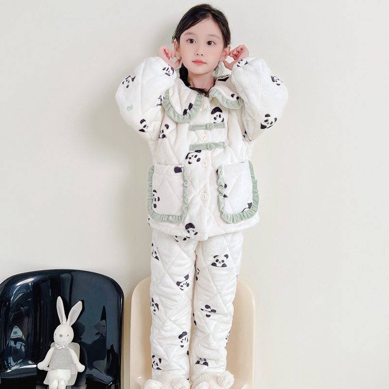 儿童睡衣秋冬季男童法兰绒三层加厚女童小孩宝宝珊瑚绒夹棉家居服 - 图1
