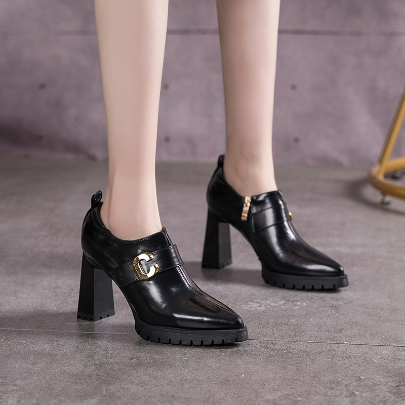 英伦风时尚尖头高跟鞋女2024年春季新款粗跟侧拉链皮带扣深口单鞋,淘宝优惠券,粉丝福利购,淘宝优惠卷