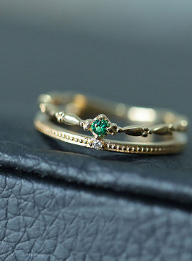 轻奢新款银饰祖母绿锆石S925纯银双层戒指女小众设计感开口可调节