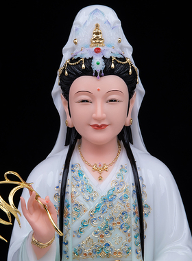 汉白玉天青锦彩三圣佛像摆件