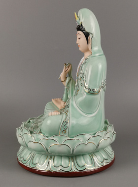 德化白瓷大师手工彩绘描金坐莲观音佛像礼品佛堂家居供奉摆件包邮