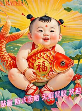 中国风吉祥好运锦鲤娃娃贴画福娃年画娃娃自贴家居墙上贴墙门贴画