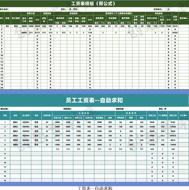 公司员工工资表模板excel电子版职工月份工资发放明细表格工资单 - 图1
