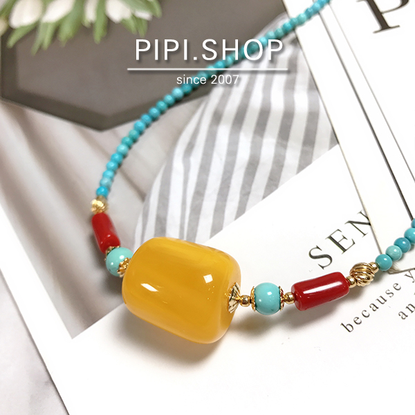 PIPISHOP 蜜蜡桶珠红色有机宝石14k包金绿松石锁骨链短项链 - 图1