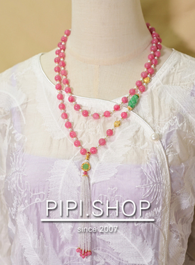 PIPISHOP 天然A货干青翡翠雕花橄榄珠白水晶蔷薇石长项链斜跨链