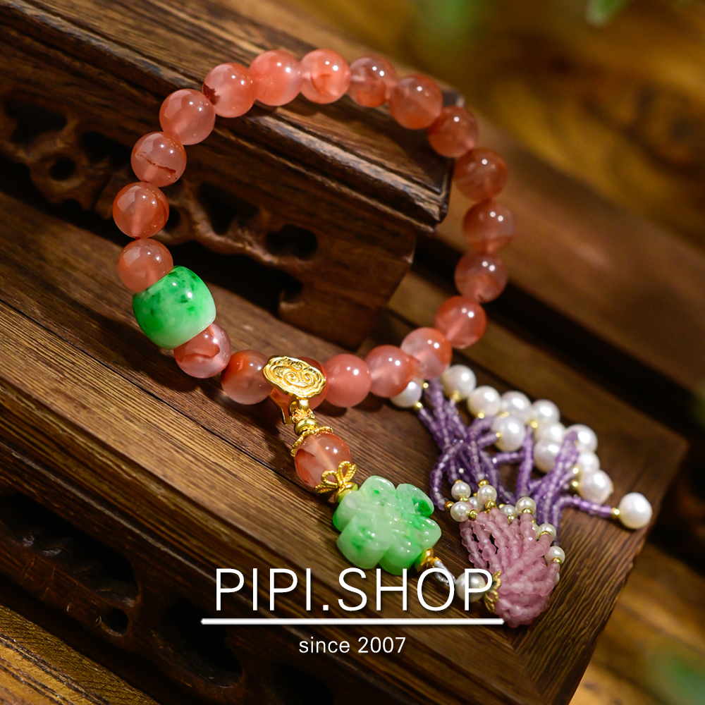 PIPISHOP 天然A货翡翠中国结路路通925银镀金冰飘南红玛瑙手串 - 图1