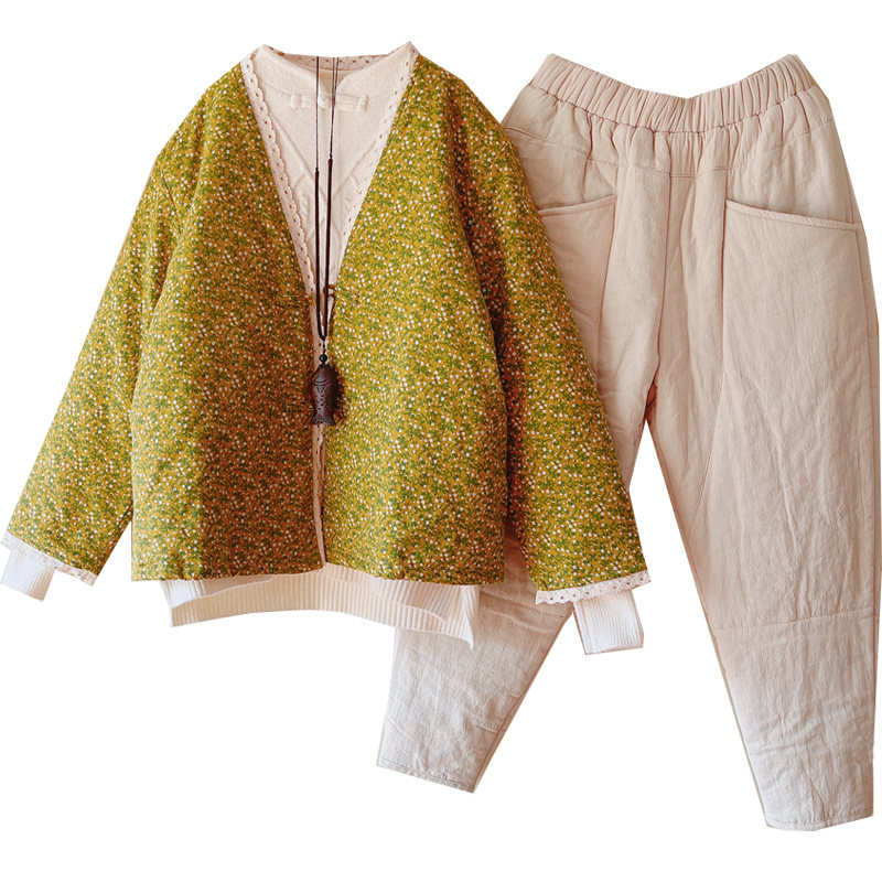 冬季复古加厚碎花小棉袄女宽松大码夹棉棉衣中式盘扣外套棉裤套装,淘宝优惠券,粉丝福利购,淘宝优惠卷