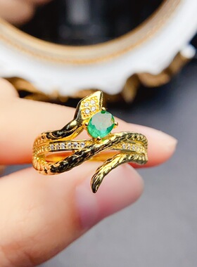 925银哥伦比亚天然祖母绿戒指复古宽版蛇戒